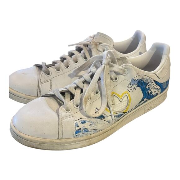 Adidas Stan Smith Sky Ocean Wave Painted White Lace Up Sneakers Artsy Unique 9.5 main image 10
